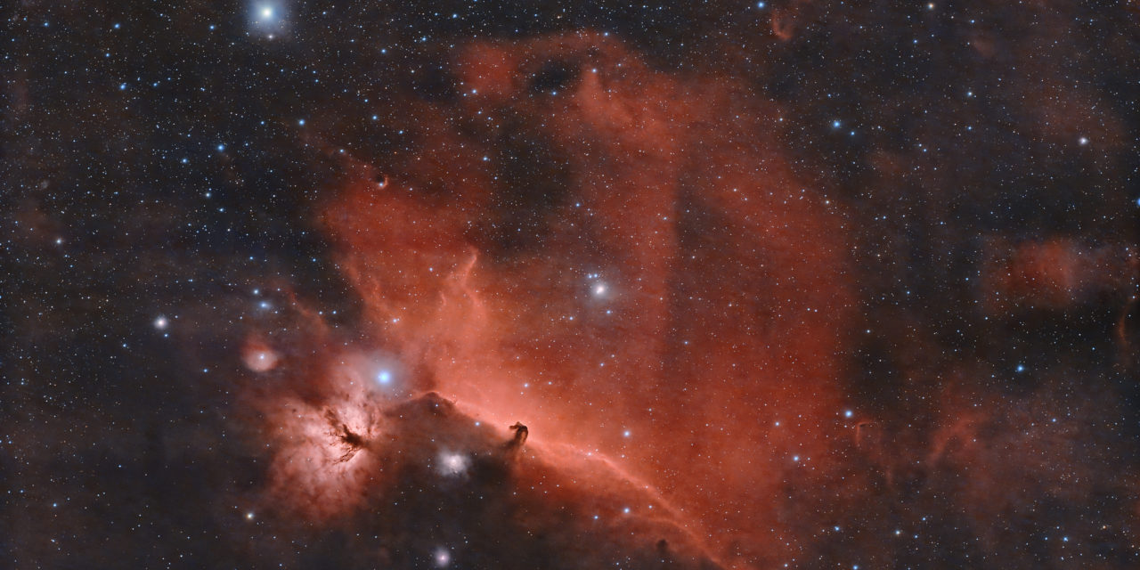 Nébuleuses de la Tête de Cheval (IC434) et de la Flamme (NGC2024) en bande étroite